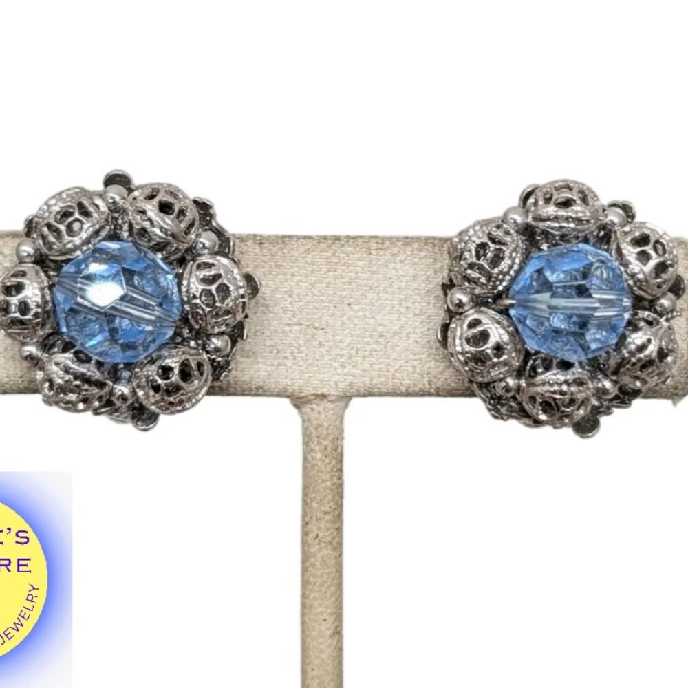 Vintage 1960s Signed Napier Rhodium Plated Faux-Aquamarine Bead Clip Earrings